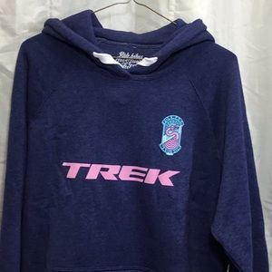 Trek bicycle hoodie in dark blue heather with pink logo